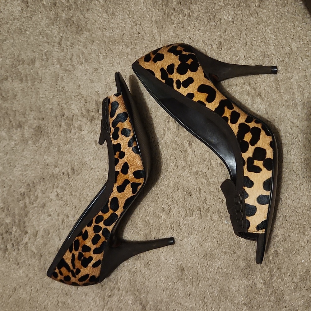 Lauren Pony Hair. Leather. Peeptoe Loafer Heels Sz. 10